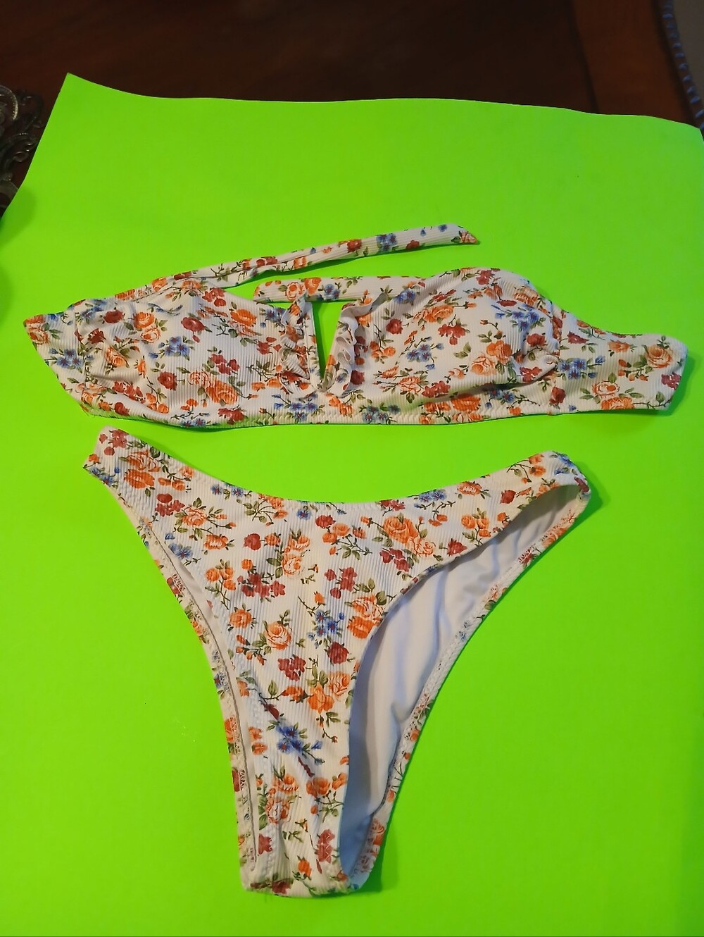 Floral Ribbed Bikini Set - White with Orange & Blue Flowers